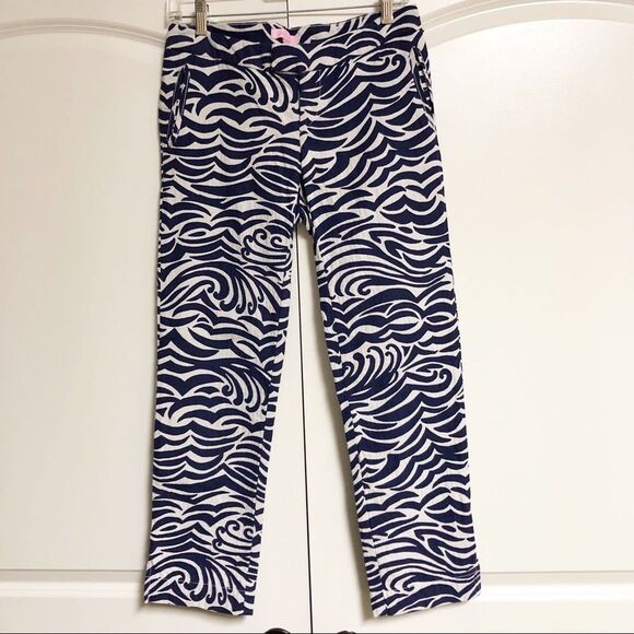 Lilly Pulitzer Navy Blue White Print Textured Capri Ankle Split Hem Kelly Pant 2 - Picture 2 of 9